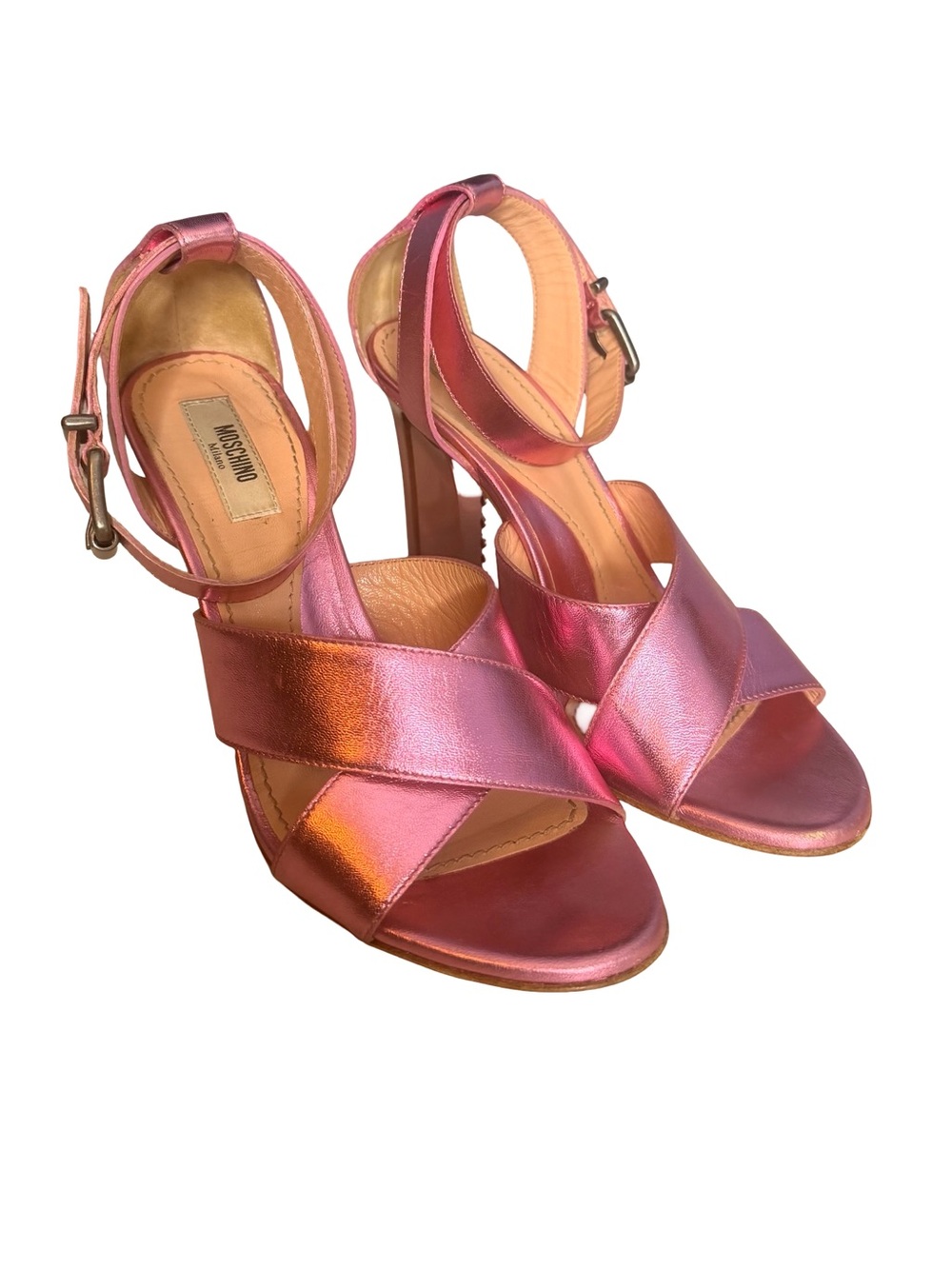 Moschino Milano Iridescent Pink metallic logo Block crisscross Heel Sandals 5.5